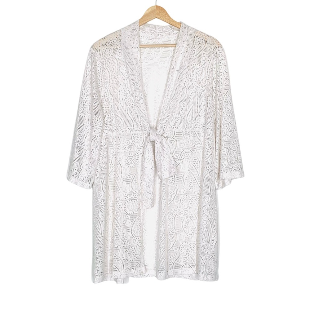 White Lace Kimono Cardigan Tie Front Swimsuit Cover Up Size Medium